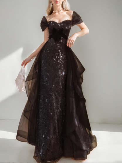 Elegant Black A-Line/Princess Evening Dress with Short Sleeves Sequins and Ruffles