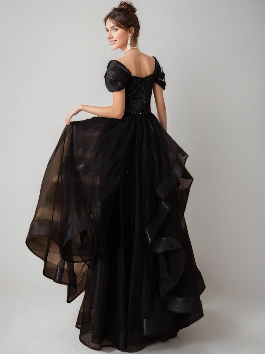 Elegant Black A-Line/Princess Evening Dress with Short Sleeves Sequins and Ruffles