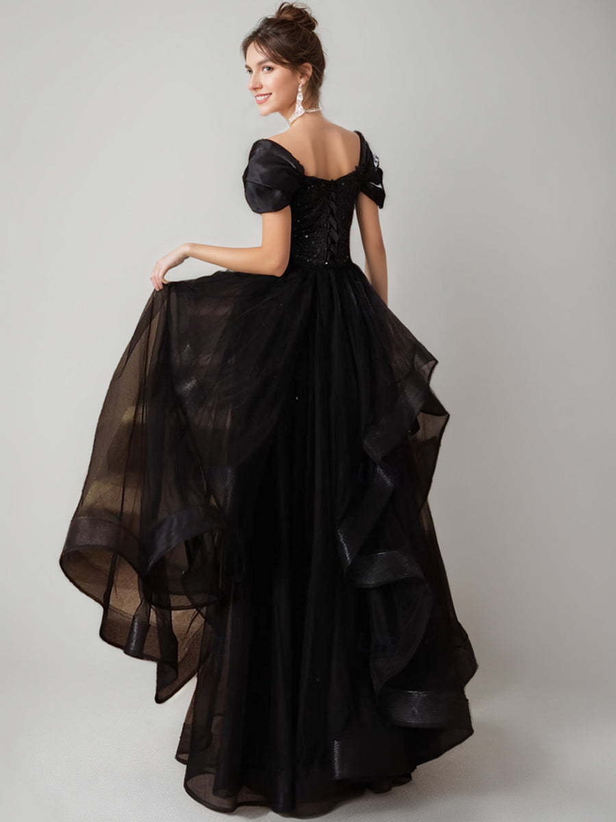 Elegant Black A-Line/Princess Evening Dress with Short Sleeves Sequins and Ruffles
