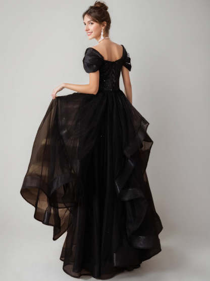 Elegant Black A-Line/Princess Evening Dress with Short Sleeves Sequins and Ruffles
