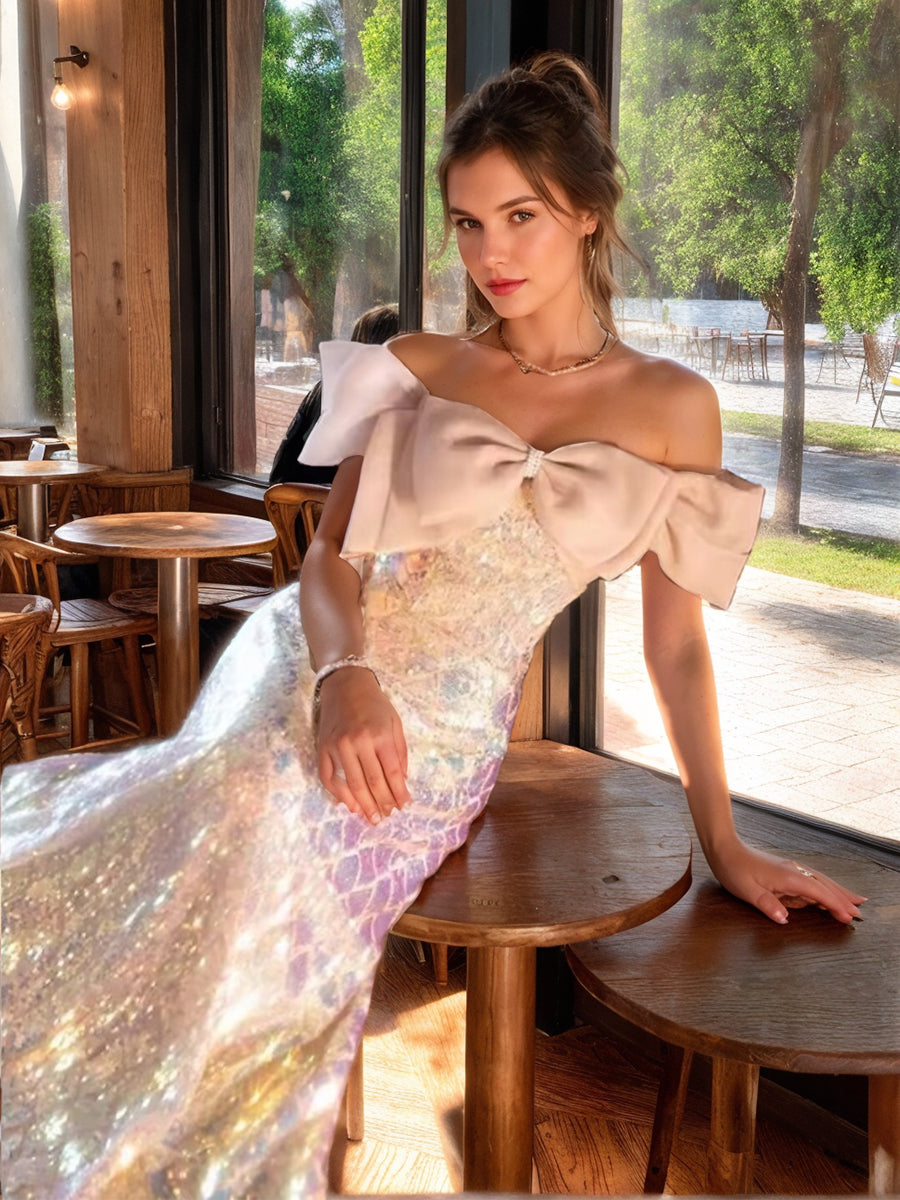 Elegant Off-the-Shoulder A-Line Evening Dresses with Short Sleeves and Bow