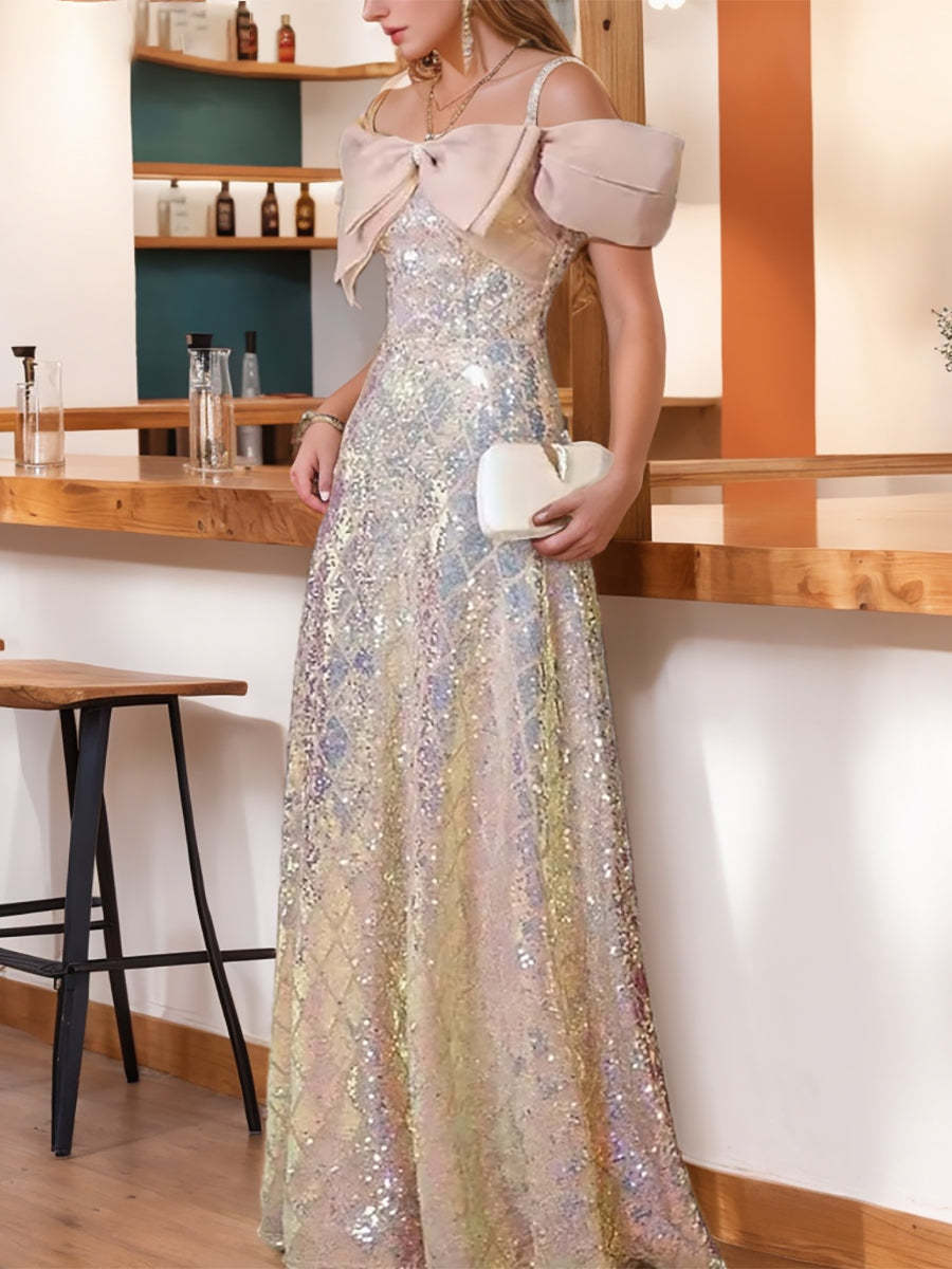 Elegant Off-the-Shoulder A-Line Evening Dresses with Short Sleeves and Bow