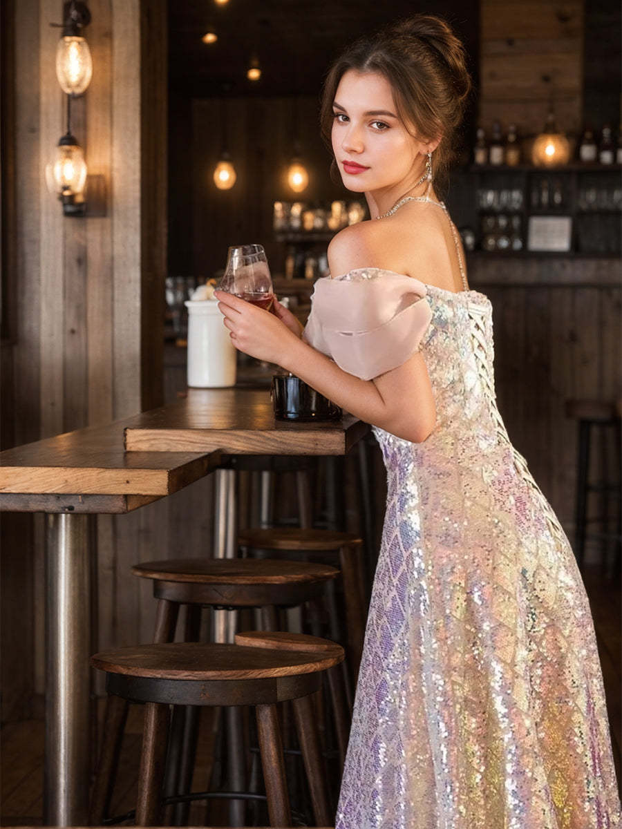 Elegant Off-the-Shoulder A-Line Evening Dresses with Short Sleeves and Bow