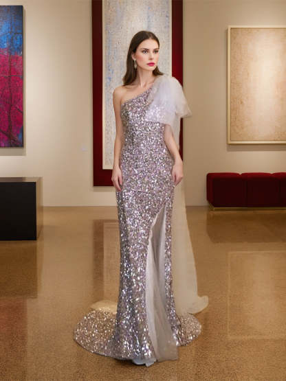 One-Shoulder Sleeveless Sequined Trumpet/Mermaid Evening Dress with Feather