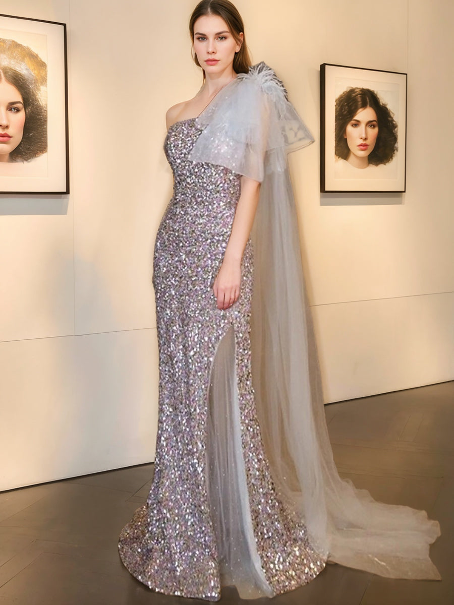 One-Shoulder Sleeveless Sequined Trumpet/Mermaid Evening Dress with Feather