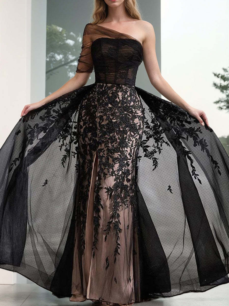 Elegant Black A-Line Evening Dress with One-Shoulder Design Tulle Fabric Appliques and High Split