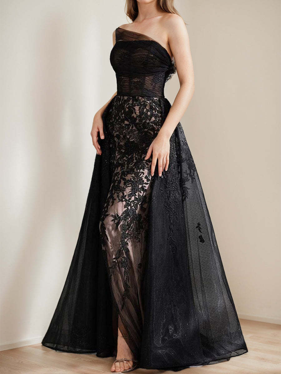 Elegant Black A-Line Evening Dress with One-Shoulder Design Tulle Fabric Appliques and High Split