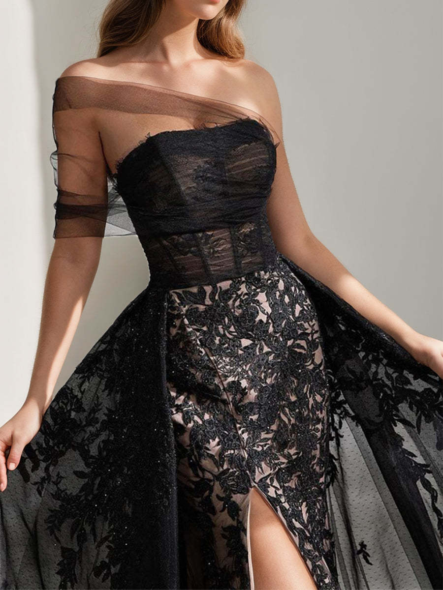 Elegant Black A-Line Evening Dress with One-Shoulder Design Tulle Fabric Appliques and High Split