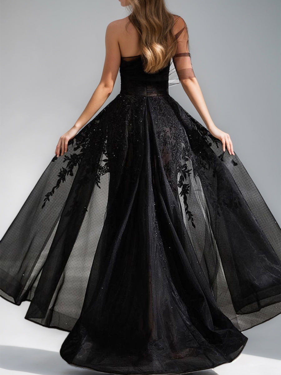 Elegant Black A-Line Evening Dress with One-Shoulder Design Tulle Fabric Appliques and High Split