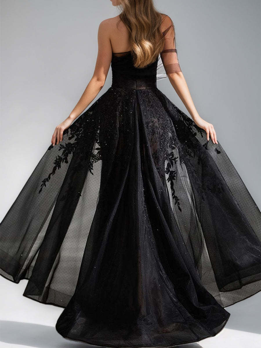 Elegant Black A-Line Evening Dress with One-Shoulder Design Tulle Fabric Appliques and High Split