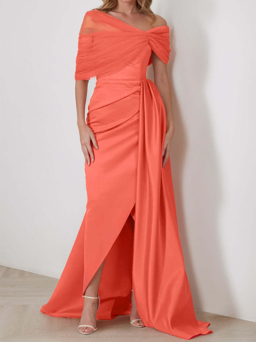 Off-the-Shoulder Sleeveless Trumpet/Mermaid Evening Dresses Featuring Ruffles and a Split Front