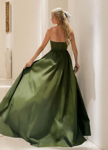 Strapless Asymmetrical A-Line/Princess Evening Gown with Ruffles and High Slit
