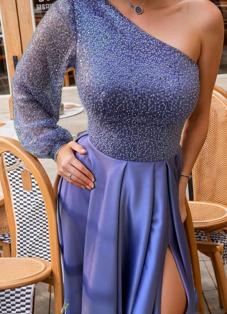 Elegant One-Shoulder A-Line Princess Evening Dresses with Sequins Side Split & Beadings