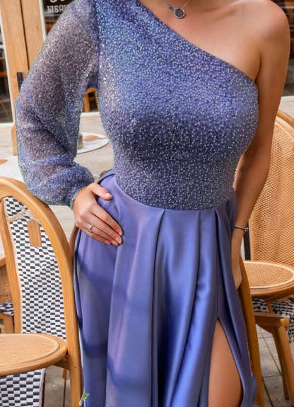 Elegant One-Shoulder A-Line Princess Evening Dresses with Sequins Side Split & Beadings