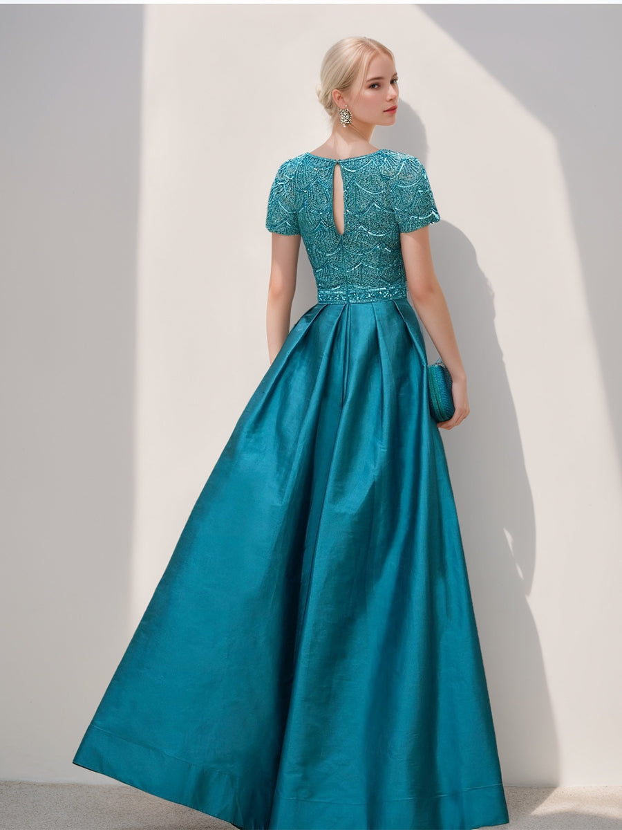 Evening Dresses with Scoop Neckline Short Sleeves and Side Split in A-Line/Princess Style