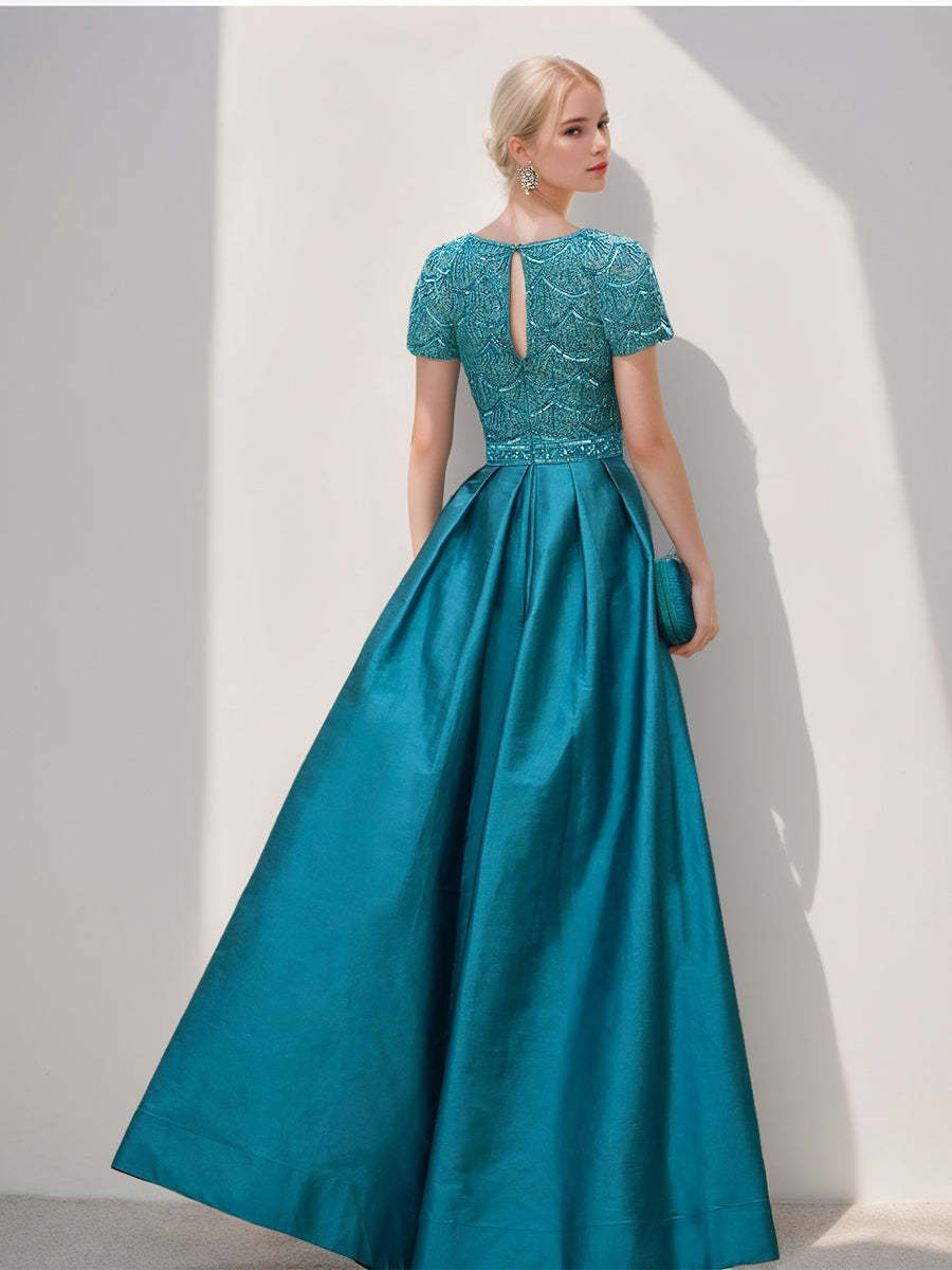 Evening Dresses with Scoop Neckline Short Sleeves and Side Split in A-Line/Princess Style