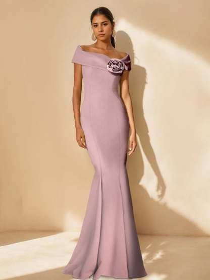 Minimalist Off-the-Shoulder Mother of the Bride Dresses in Trumpet/Mermaid Style with Detachable Flower-BMbridal.UK