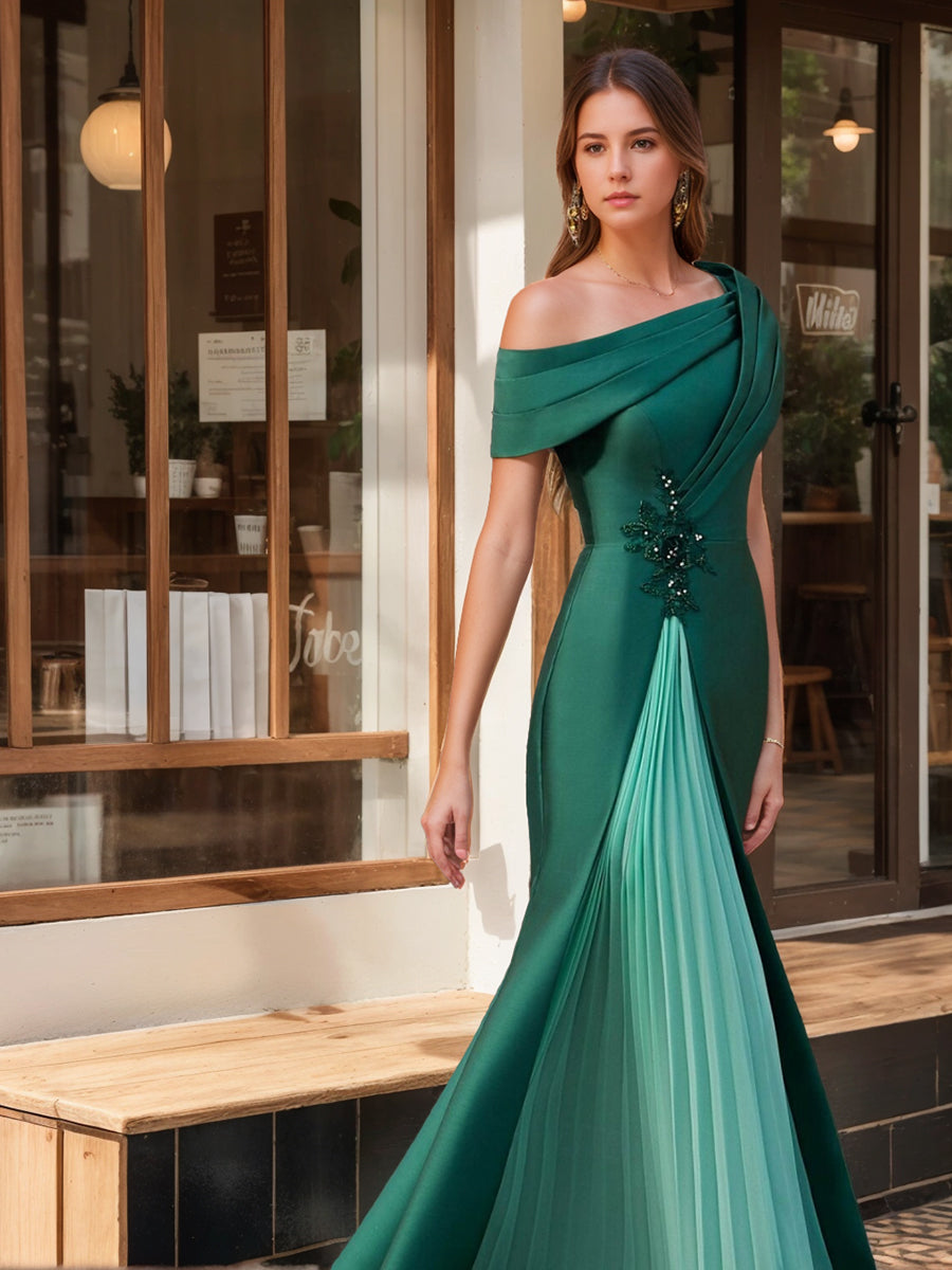 Evening Dresses with Ruffles & Appliques in Trumpet/Mermaid Style and Short One-Shoulder Sleeves