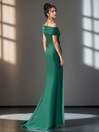 Evening Dresses with Ruffles & Appliques in Trumpet/Mermaid Style and Short One-Shoulder Sleeves
