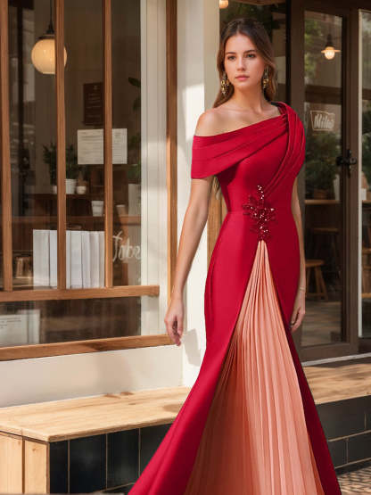 Evening Dresses with Ruffles & Appliques in Trumpet/Mermaid Style and Short One-Shoulder Sleeves