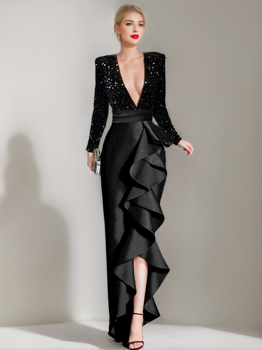 V-Neck Long-Sleeve Asymmetrical Evening Dress with Sequins and Ruffles