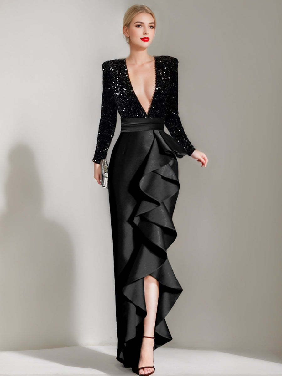 V-Neck Long-Sleeve Asymmetrical Evening Dress with Sequins and Ruffles