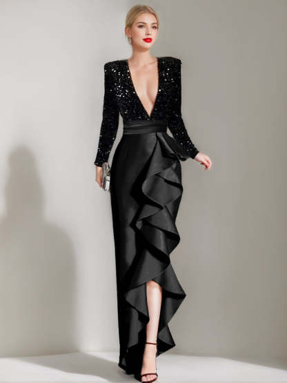 V-Neck Long-Sleeve Asymmetrical Evening Dress with Sequins and Ruffles