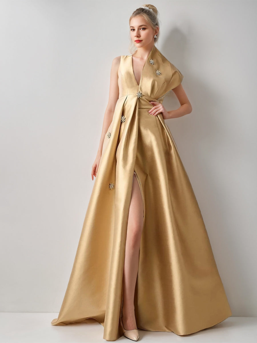 V-Neck Sleeveless A-Line Princess Evening Gown with High Slit Beading and Pocket