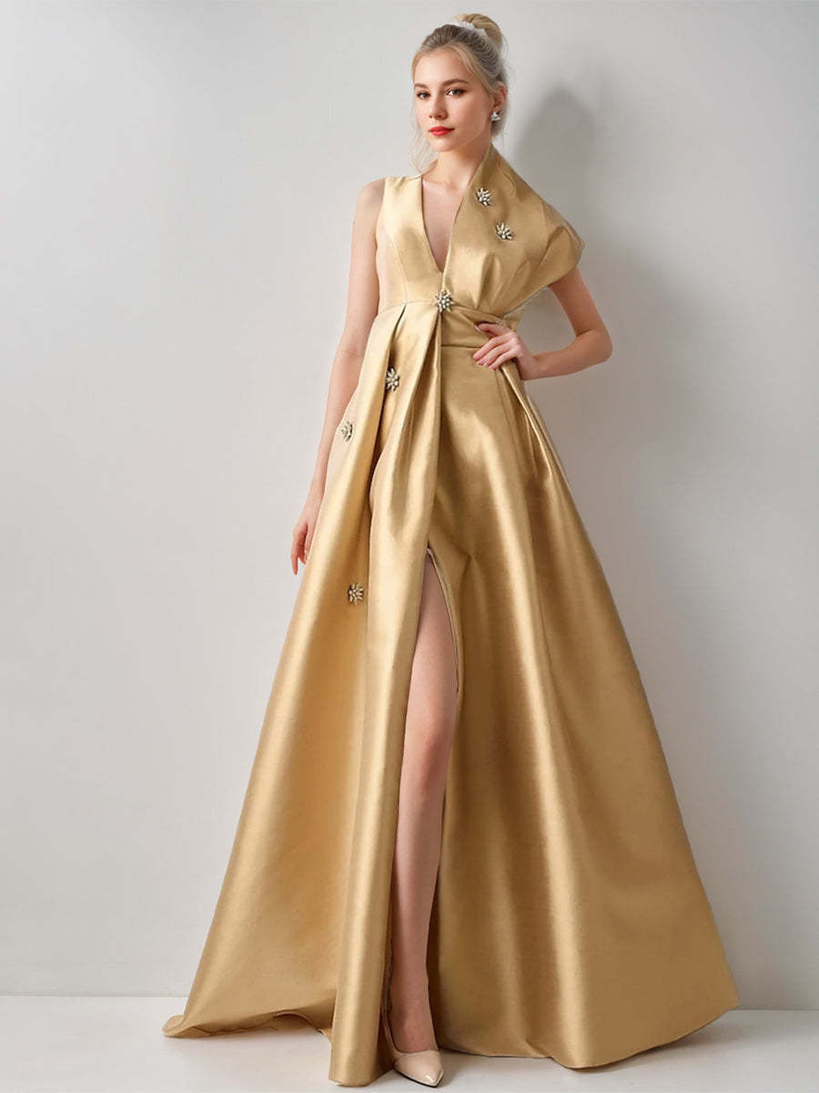 V-Neck Sleeveless A-Line Princess Evening Gown with High Slit Beading and Pocket