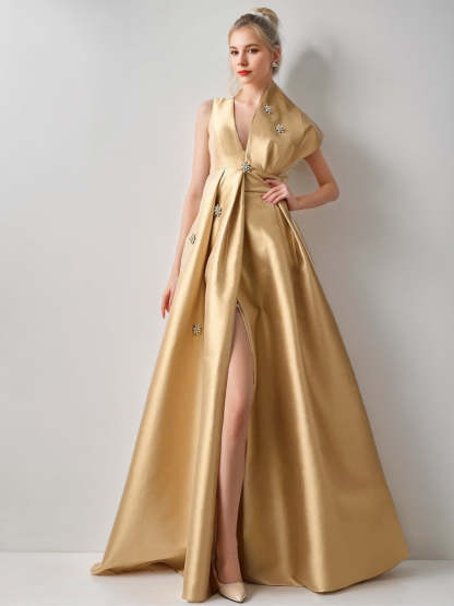 V-Neck Sleeveless A-Line Princess Evening Gown with High Slit Beading and Pocket