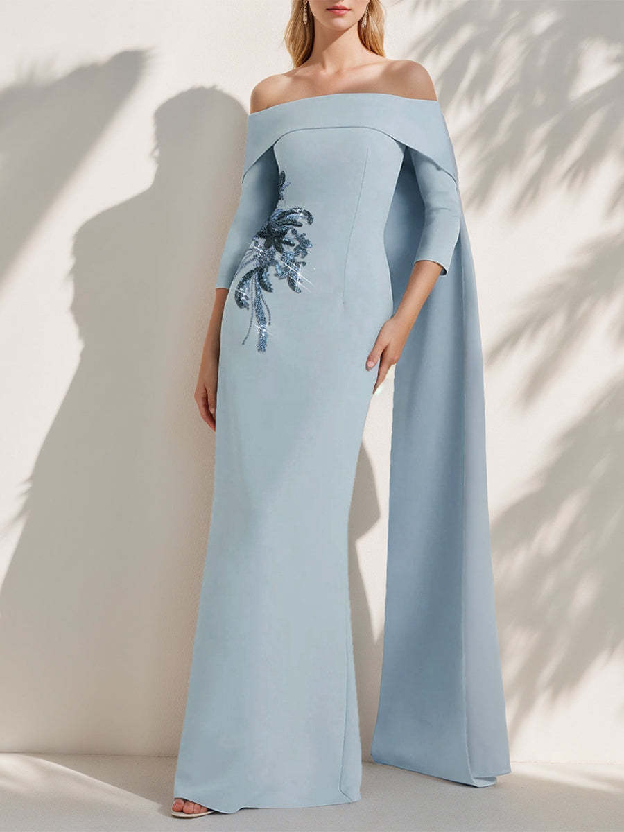 Off-the-Shoulder Floor-Length Evening Dress with 3/4 Sleeves and Appliques