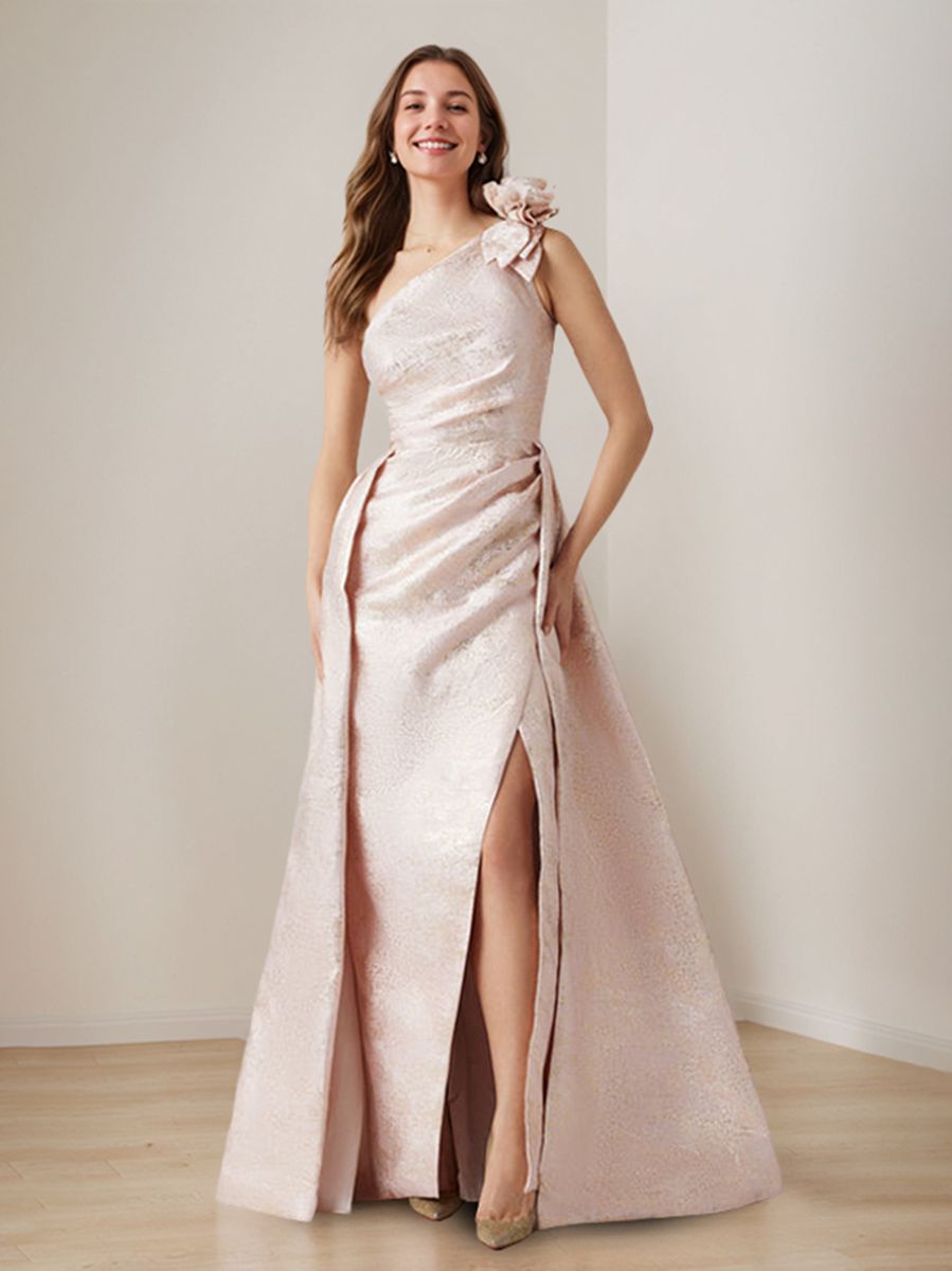 One-Shoulder A-Line Princess Evening Gown with 3D Floral Detail and Side Slit