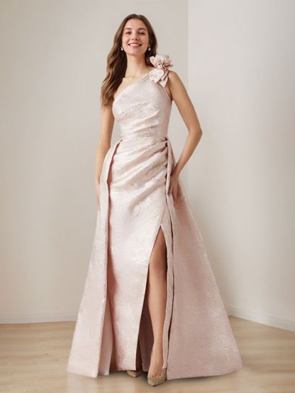 One-Shoulder A-Line Princess Evening Gown with 3D Floral Detail and Side Slit