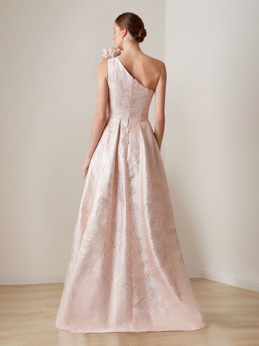 One-Shoulder A-Line Princess Evening Gown with 3D Floral Detail and Side Slit