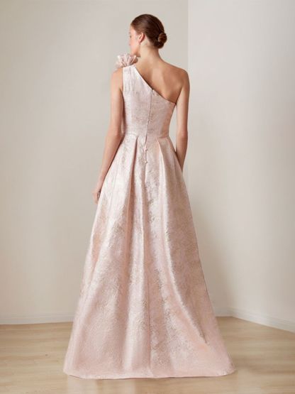 One-Shoulder A-Line Princess Evening Gown with 3D Floral Detail and Side Slit