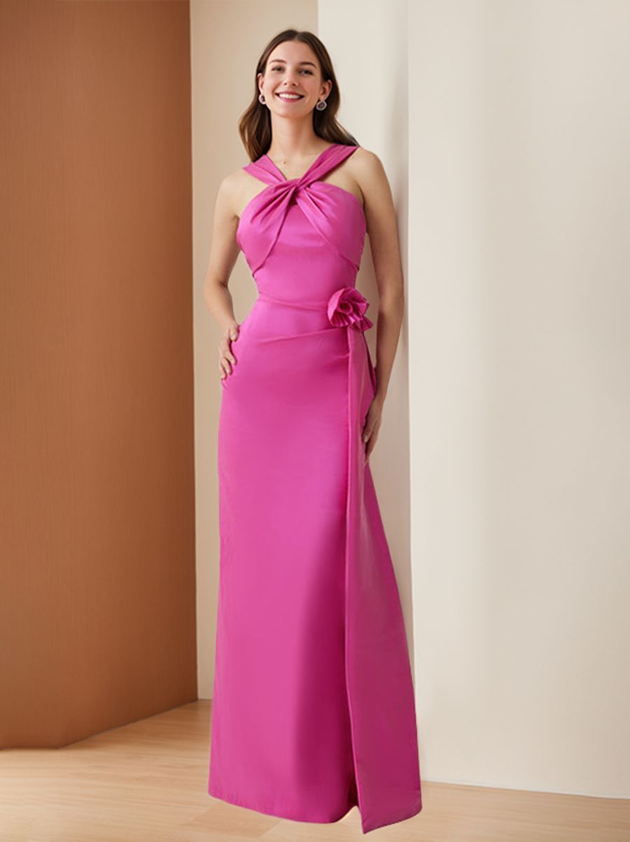 Sleeveless Floor-Length Evening Dress with 3D Flower and Criss Cross Sheath/Column Design