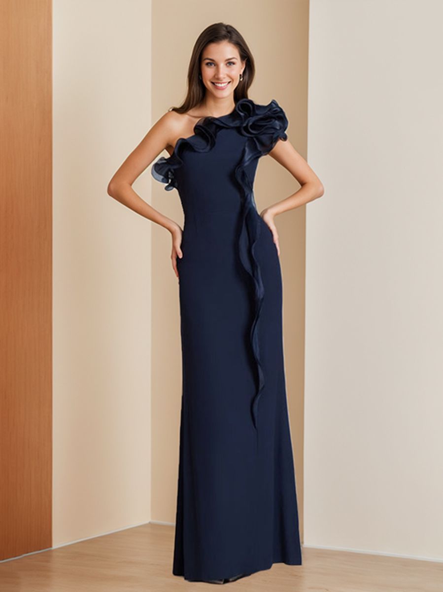 One-Shoulder Sleeveless Ruffled Evening Gown in Floor-Length Sheath/Column Style