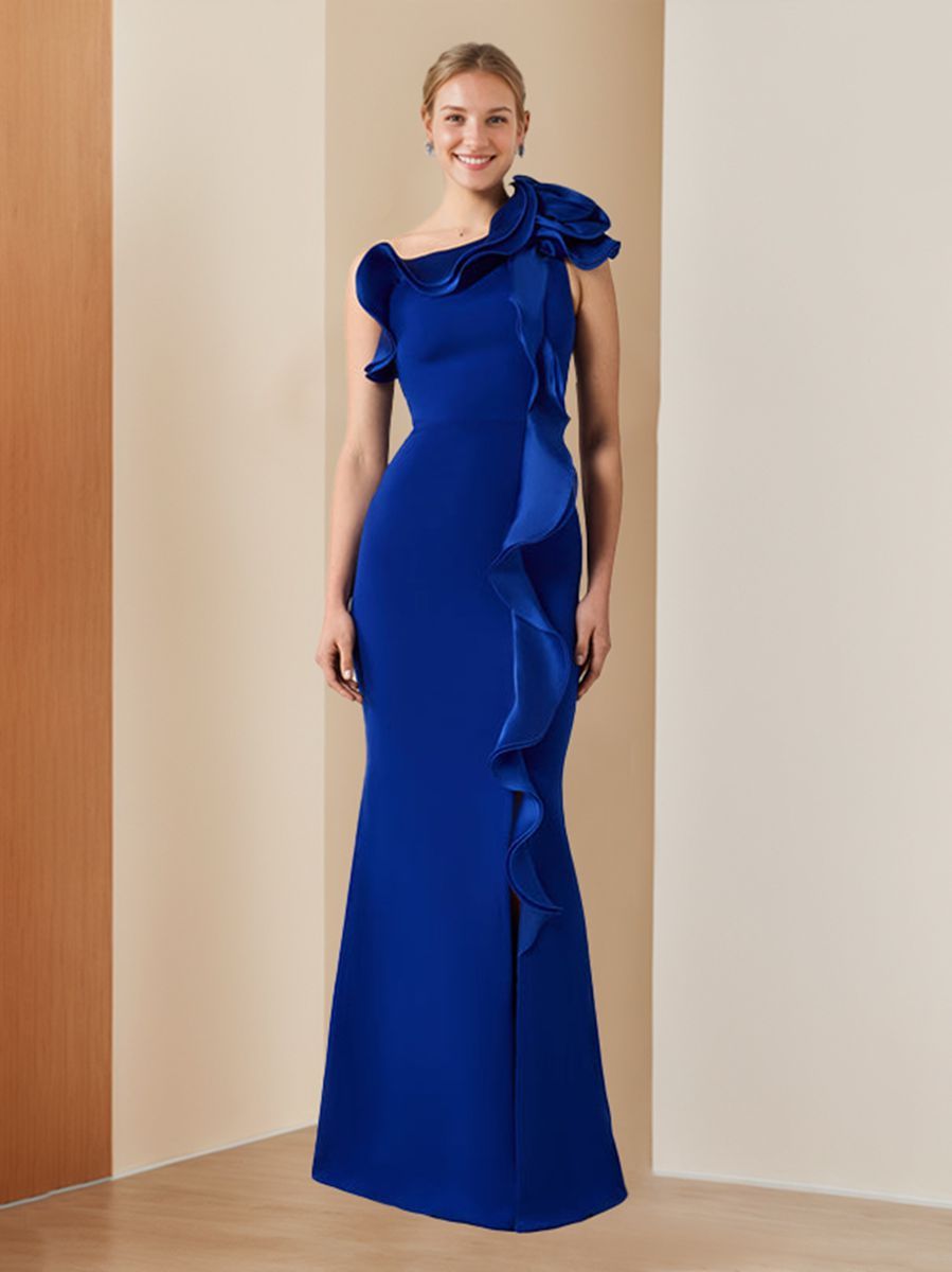 One-Shoulder Sleeveless Ruffled Evening Gown in Floor-Length Sheath/Column Style