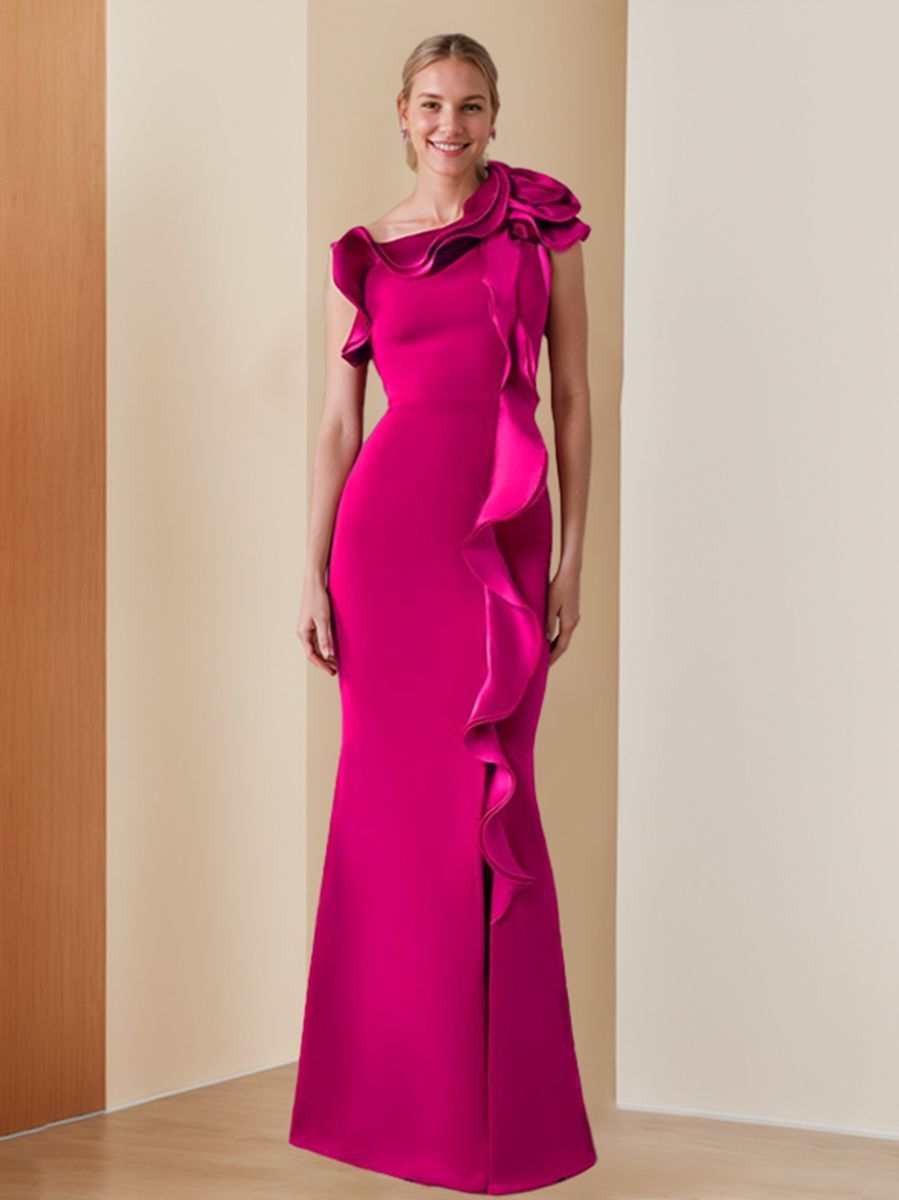 One-Shoulder Sleeveless Ruffled Evening Gown in Floor-Length Sheath/Column Style
