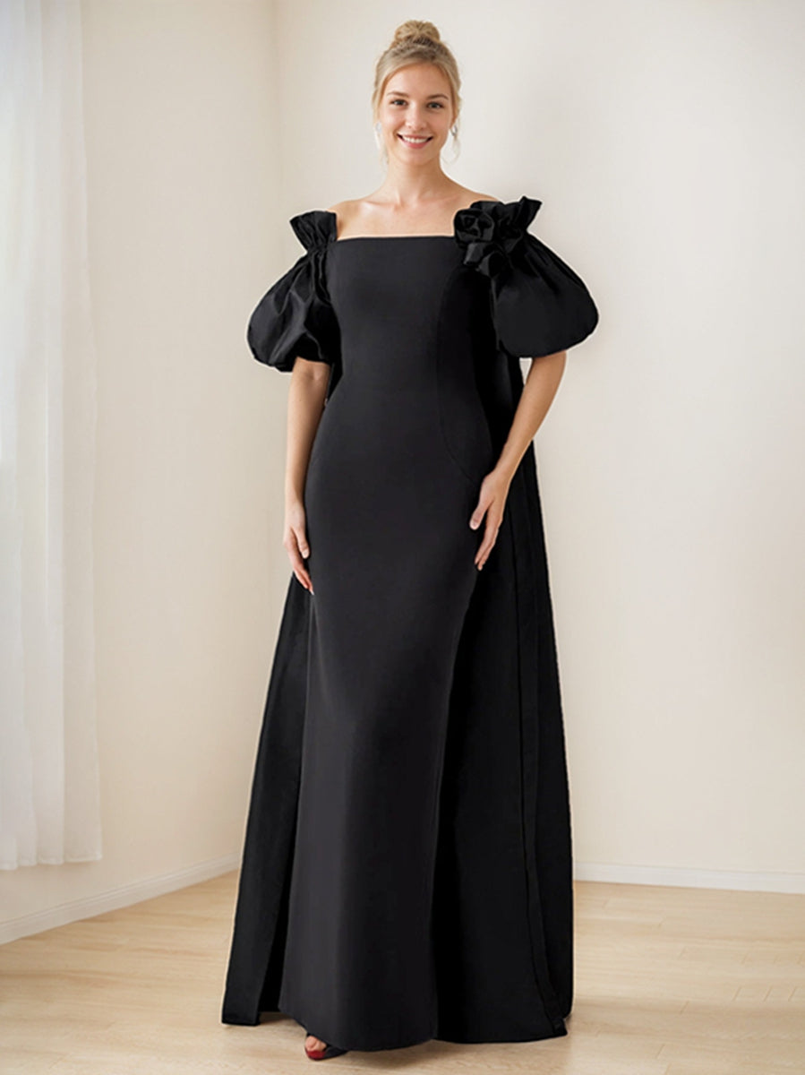Black Off-the-Shoulder Chic Evening Gown with Short Sleeves and Ruffles Floor-Length