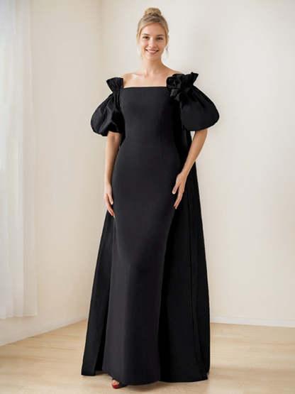 Black Off-the-Shoulder Chic Evening Gown with Short Sleeves and Ruffles Floor-Length