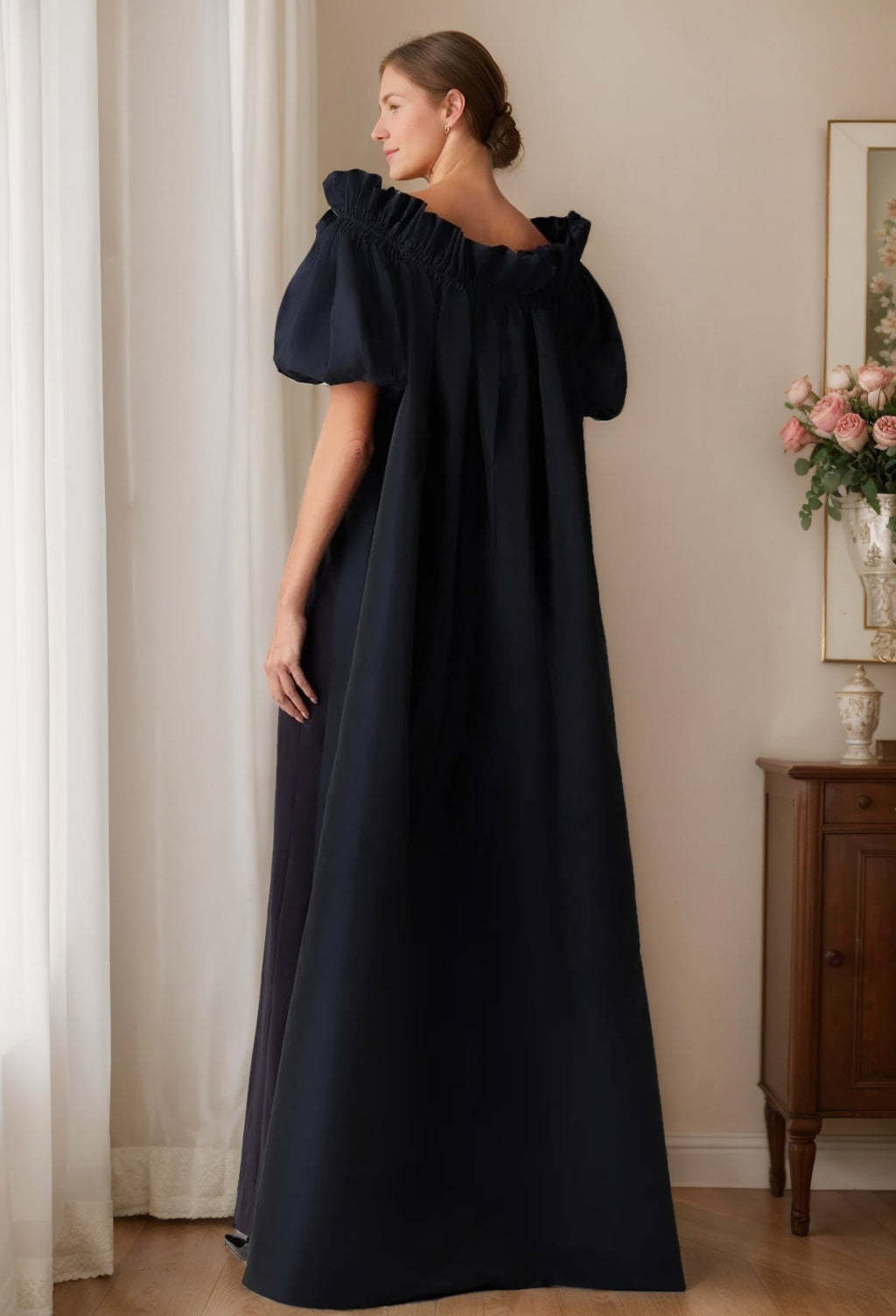 Black Off-the-Shoulder Chic Evening Gown with Short Sleeves and Ruffles Floor-Length