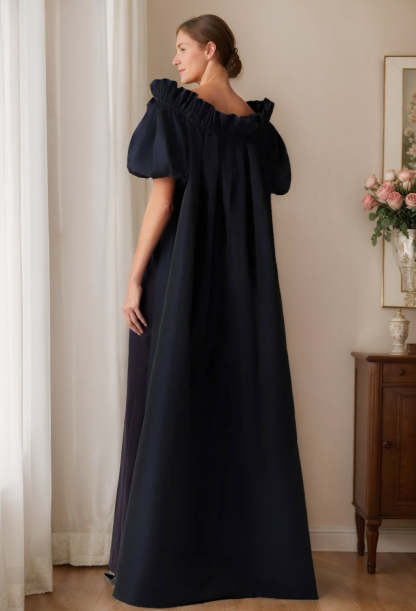 Black Off-the-Shoulder Chic Evening Gown with Short Sleeves and Ruffles Floor-Length