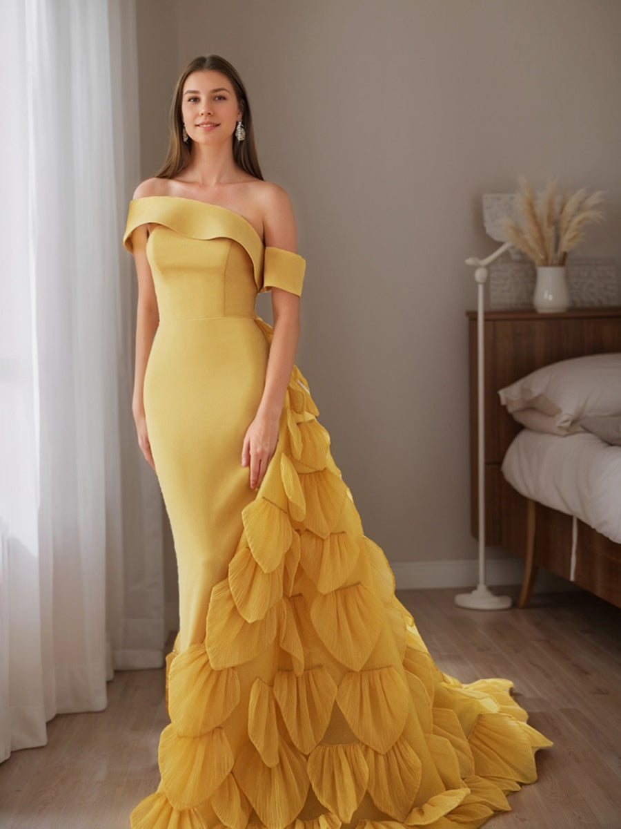 Off-the-shoulder Floor-Length Evening Dresses in Trumpet/Mermaid Style with Ruffles Lace-up and Scales-BMbridal.UK