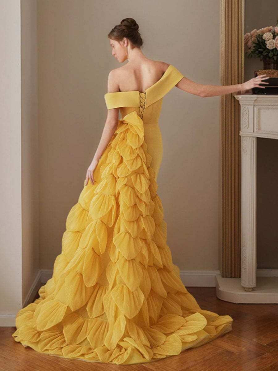 Off-the-shoulder Floor-Length Evening Dresses in Trumpet/Mermaid Style with Ruffles Lace-up and Scales-BMbridal.UK