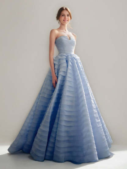 Elegant Strapless Ball Gown with Tiered Floor-Length Design and Lace-up Crystals