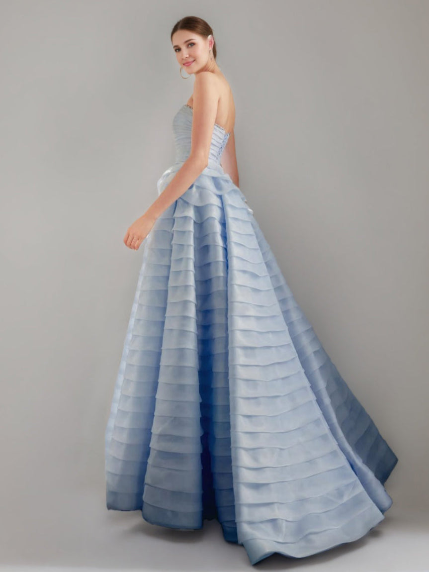 Elegant Strapless Ball Gown with Tiered Floor-Length Design and Lace-up Crystals