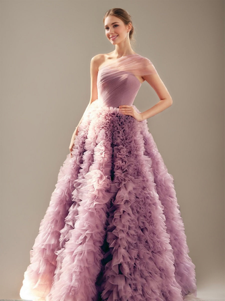 Elegant One-Shoulder Tiered Tulle Ball Gown with Ruffles and Ruched Detail