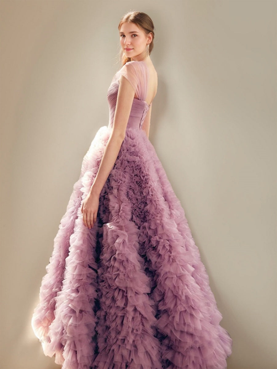 Elegant One-Shoulder Tiered Tulle Ball Gown with Ruffles and Ruched Detail