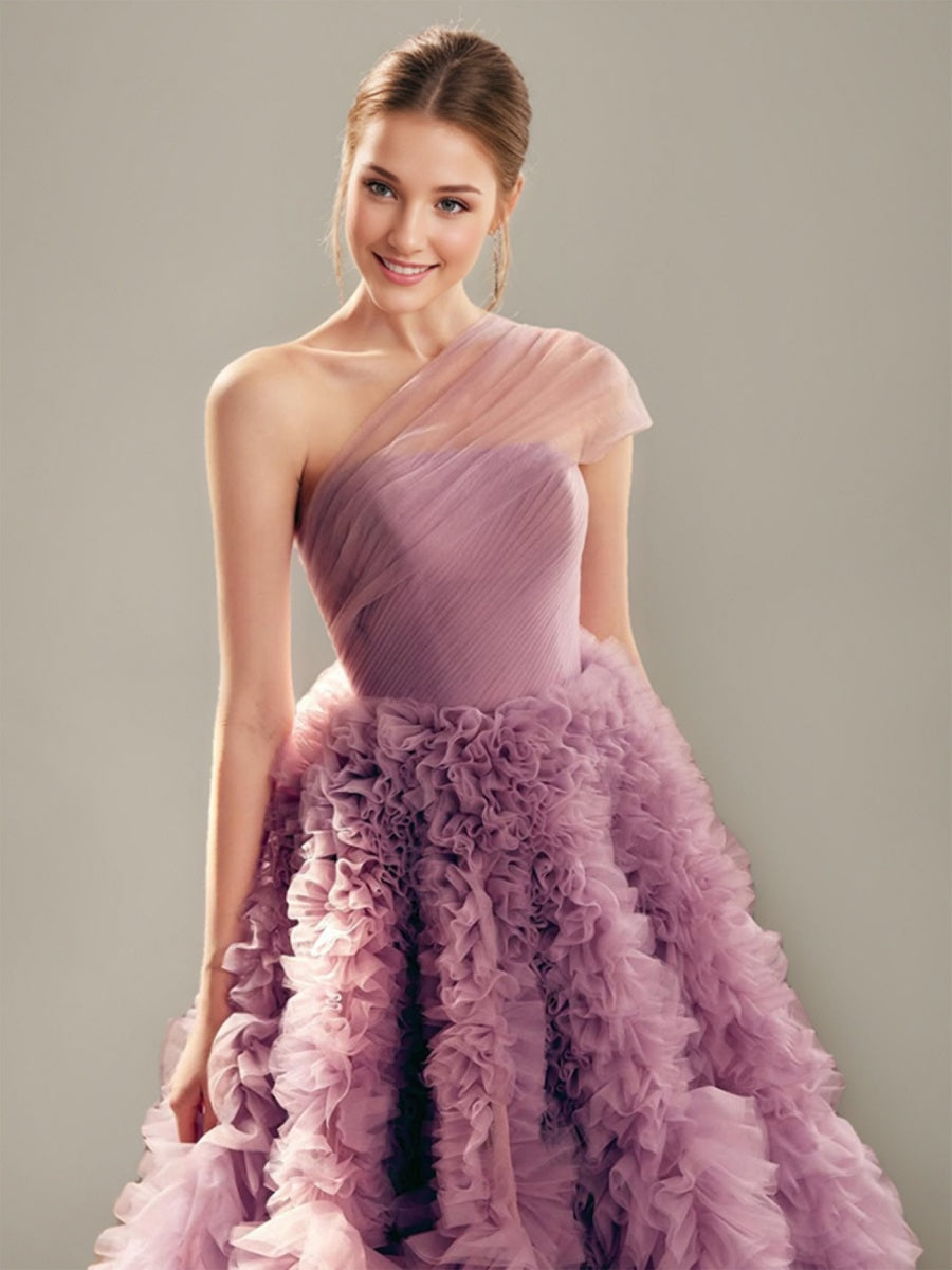 Elegant One-Shoulder Tiered Tulle Ball Gown with Ruffles and Ruched Detail